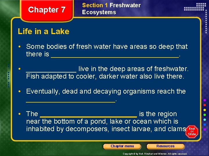 Chapter 7 Section 1 Freshwater Ecosystems Life in a Lake • Some bodies of