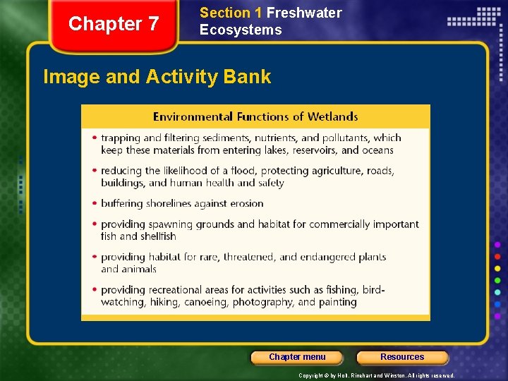 Chapter 7 Section 1 Freshwater Ecosystems Image and Activity Bank Chapter menu Resources Copyright