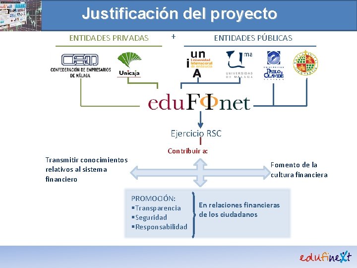 Justificación del proyecto ENTIDADES PRIVADAS + ENTIDADES PÚBLICAS Ejercicio RSC Transmitir conocimientos relativos al