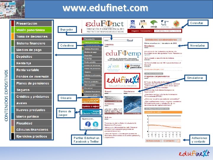 www. edufinet. com Consultas Buscador CONTENIDOS EXPOSITIVOS Colectivos Novedades Simuladores Glosario Banco de juegos