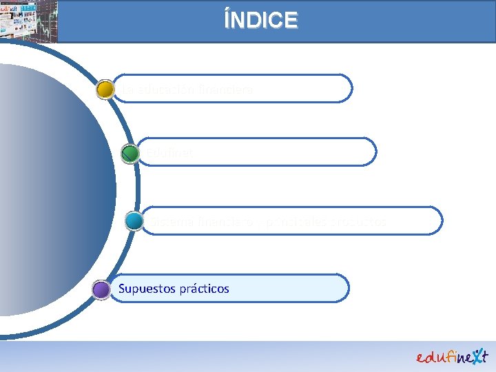 ÍNDICE La educación financiera Edufinet Sistema financiero y principales productos Supuestos prácticos 