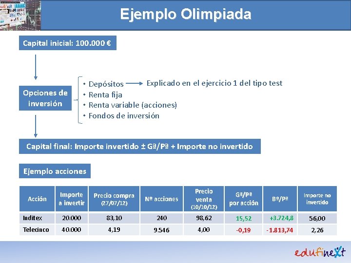 Ejemplo Olimpiada Capital inicial: 100. 000 € Opciones de inversión Explicado en el ejercicio