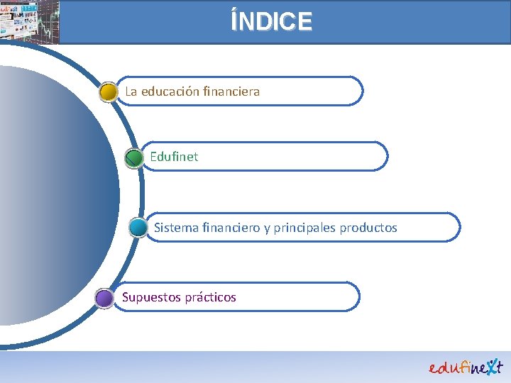 ÍNDICE La educación financiera Edufinet Sistema financiero y principales productos Supuestos prácticos 