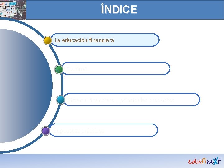 ÍNDICE La educación financiera Edufinet Sistema financiero y principales productos Supuestos prácticos 