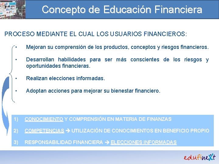 Concepto de Educación Financiera PROCESO MEDIANTE EL CUAL LOS USUARIOS FINANCIEROS: • Mejoran su