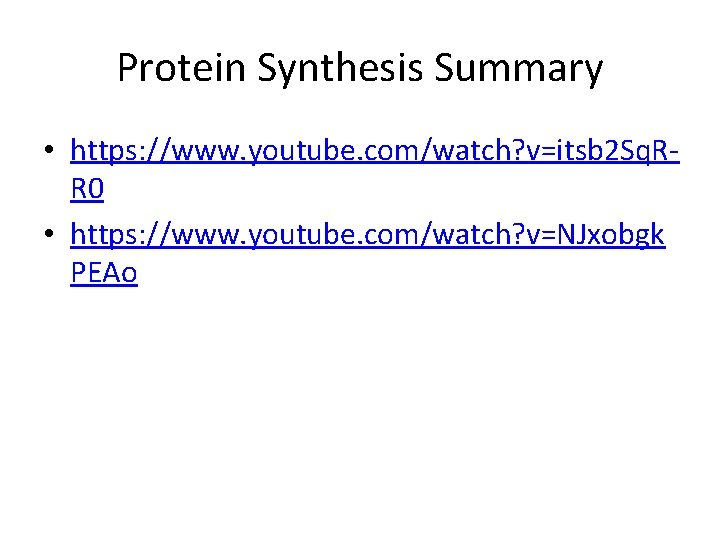 Protein Synthesis Summary • https: //www. youtube. com/watch? v=itsb 2 Sq. RR 0 •