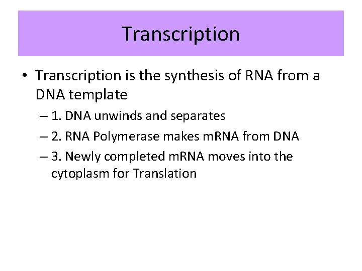 Transcription • Transcription is the synthesis of RNA from a DNA template – 1.