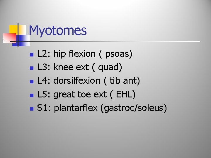 Myotomes n n n L 2: hip flexion ( psoas) L 3: knee ext