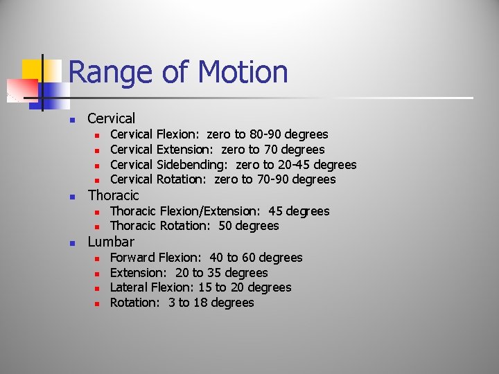 Range of Motion n Cervical n n n Thoracic n n n Cervical Thoracic