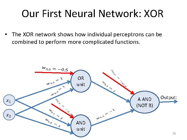 Our First Neural Network: XOR • The XOR network shows how individual perceptrons can