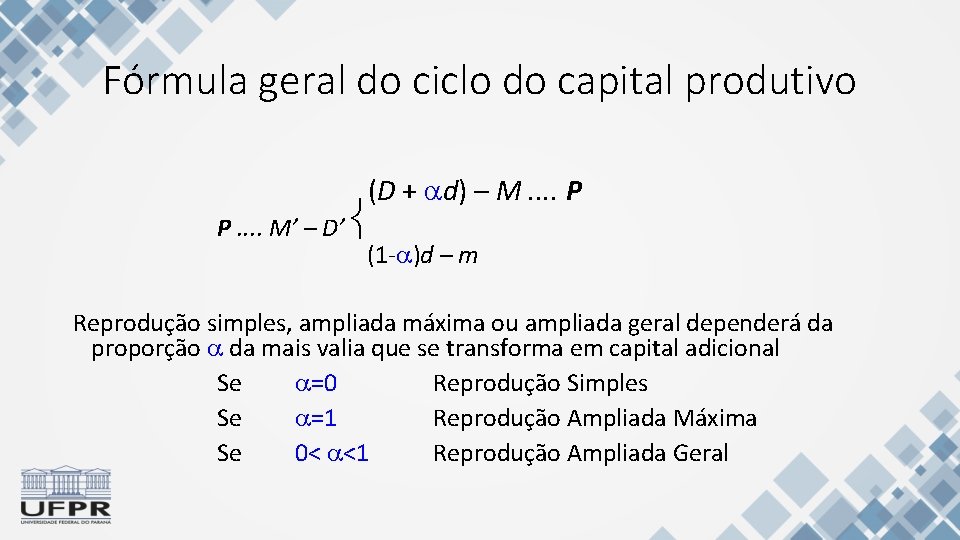 Fórmula geral do ciclo do capital produtivo (D + d) – M. . P