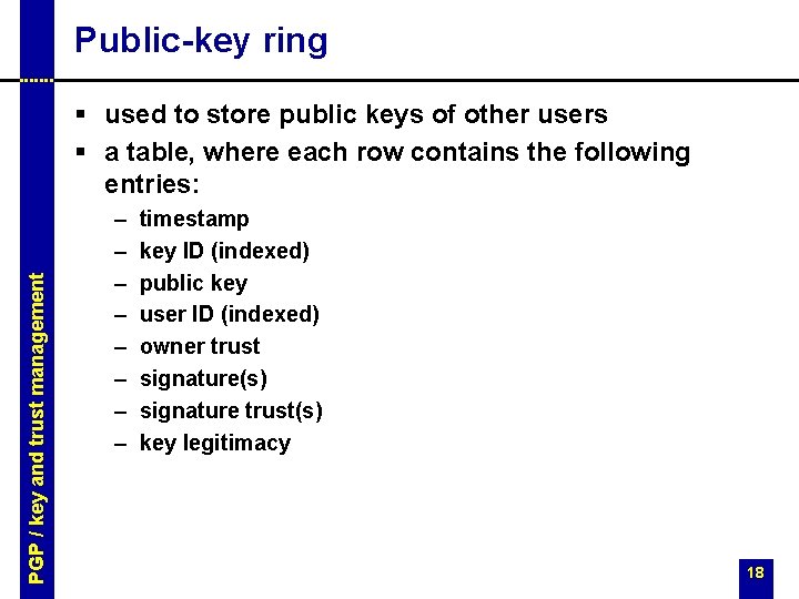 Public-key ring PGP / key and trust management § used to store public keys