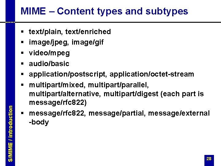 MIME – Content types and subtypes S/MIME / introduction § § § text/plain, text/enriched