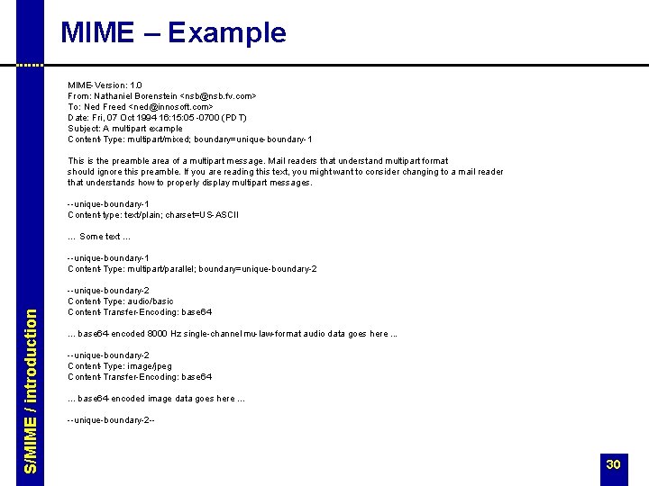 MIME – Example MIME-Version: 1. 0 From: Nathaniel Borenstein <nsb@nsb. fv. com> To: Ned