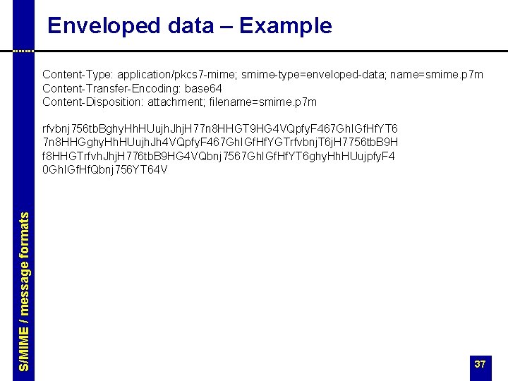 Enveloped data – Example Content-Type: application/pkcs 7 -mime; smime-type=enveloped-data; name=smime. p 7 m Content-Transfer-Encoding: