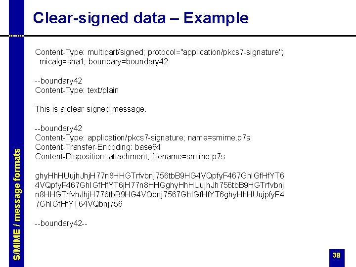 Clear-signed data – Example Content-Type: multipart/signed; protocol="application/pkcs 7 -signature"; micalg=sha 1; boundary=boundary 42 --boundary