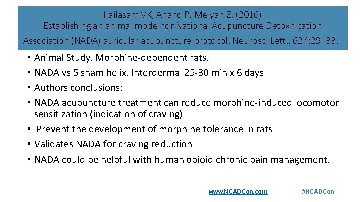 Kailasam VK, Anand P, Melyan Z. (2016) Establishing an animal model for National Acupuncture