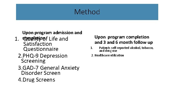 Method 1. Upon program admission and completion Quality of Life and Satisfaction Questionnaire 2.