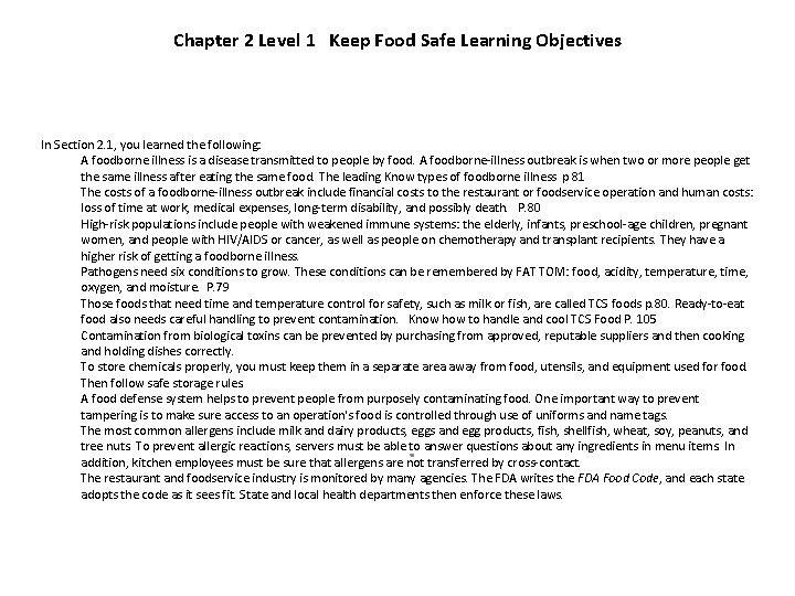 Chapter 2 Level 1 Keep Food Safe Learning Objectives In Section 2. 1, you