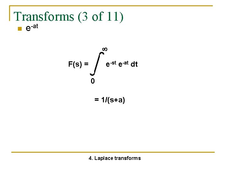 Transforms (3 of 11) n e-at F(s) = e-st e-at dt 0 = 1/(s+a)