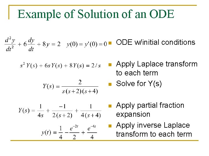 Example of Solution of an ODE w/initial conditions n Apply Laplace transform to each