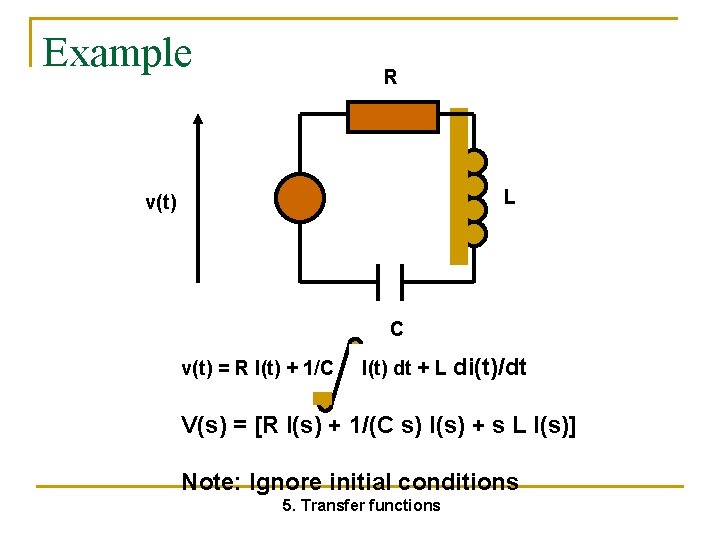 Example R L v(t) C v(t) = R I(t) + 1/C I(t) dt +