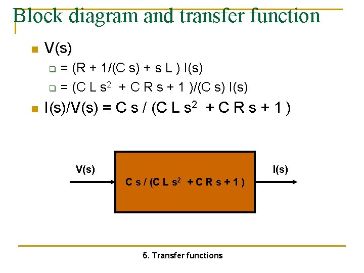 Block diagram and transfer function n V(s) q q n = (R + 1/(C