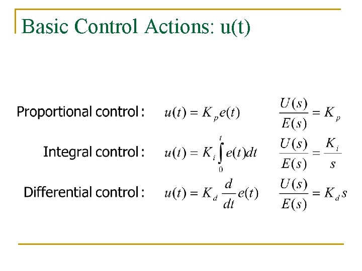 Basic Control Actions: u(t) 