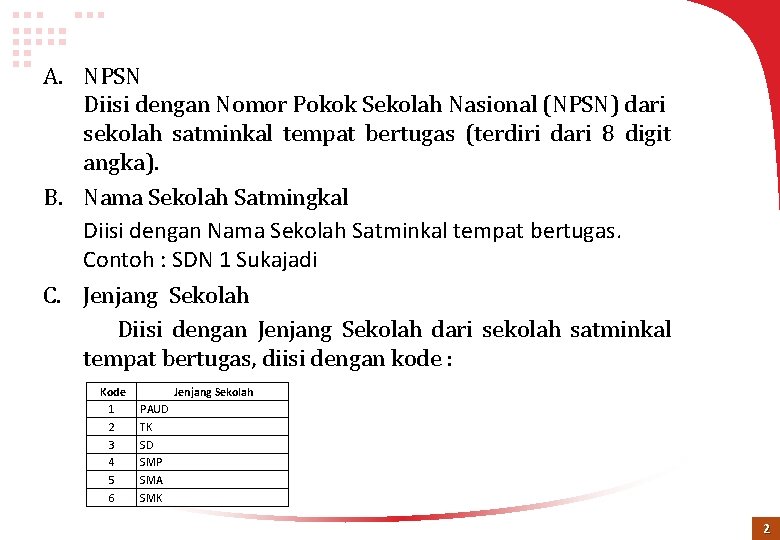 A. NPSN Diisi dengan Nomor Pokok Sekolah Nasional (NPSN) dari sekolah satminkal tempat bertugas