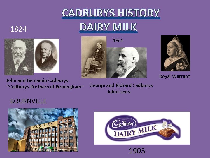 1824 CADBURYS HISTORY DAIRY MILK 1861 John and Benjamin Cadburys ‘’Cadburys Brothers of Birmingham’’ 1824 CADBURYS HISTORY DAIRY MILK 1861 John and Benjamin Cadburys ‘’Cadburys Brothers of Birmingham’’