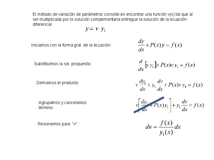 El método de variación de parámetros consiste en encontrar una función v(x) tal que