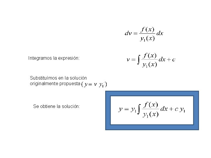 Integramos la expresión: Substituímos en la solución originalmente propuesta Se obtiene la solución: :