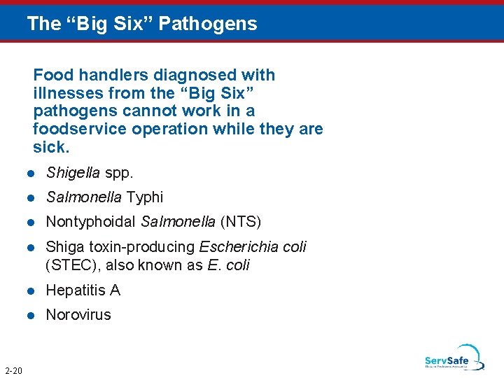 The “Big Six” Pathogens Food handlers diagnosed with illnesses from the “Big Six” pathogens