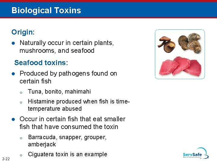 Biological Toxins Origin: Naturally occur in certain plants, mushrooms, and seafood Seafood toxins: 2