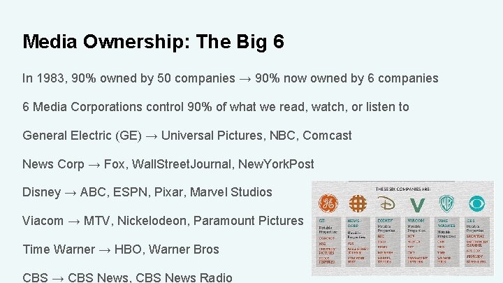 Media Ownership: The Big 6 In 1983, 90% owned by 50 companies → 90%