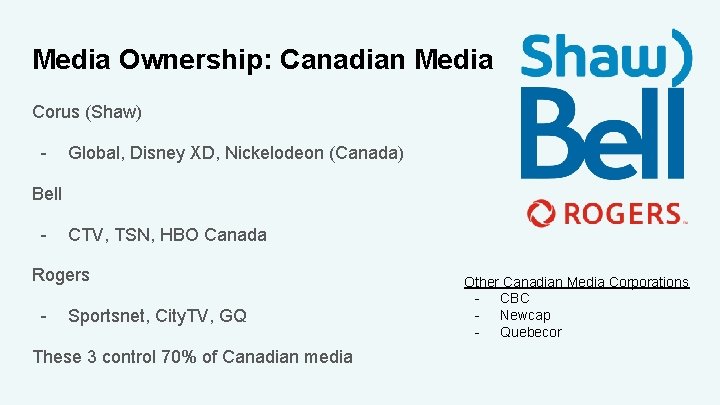 Media Ownership: Canadian Media Corus (Shaw) - Global, Disney XD, Nickelodeon (Canada) Bell -