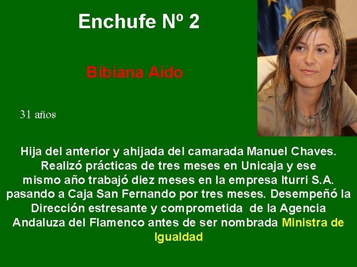 Enchufe Nº 2 Bibiana Aido 31 años Hija del anterior y ahijada del camarada