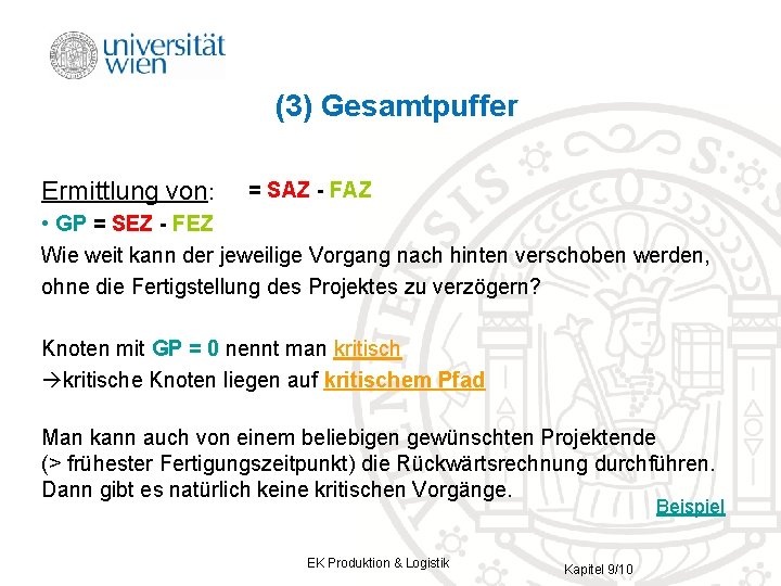 (3) Gesamtpuffer Ermittlung von: = SAZ - FAZ • GP = SEZ - FEZ