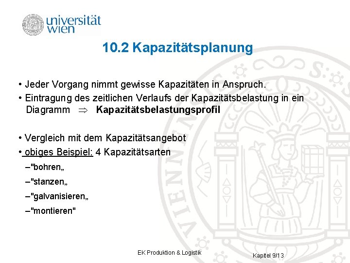 10. 2 Kapazitätsplanung • Jeder Vorgang nimmt gewisse Kapazitäten in Anspruch. • Eintragung des