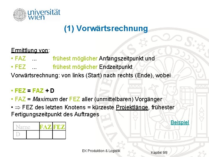 (1) Vorwärtsrechnung Ermittlung von: • FAZ. . . frühest möglicher Anfangszeitpunkt und • FEZ.