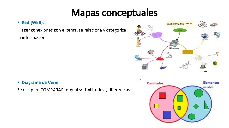 Mapas conceptuales • Red (WEB): Hacer conexiones con el tema, se relaciona y categoriza