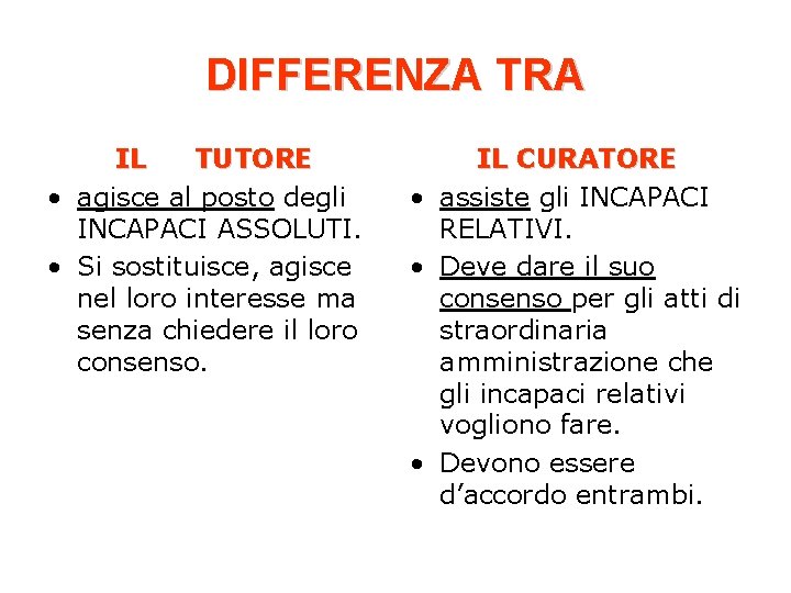 DIFFERENZA TRA IL TUTORE • agisce al posto degli INCAPACI ASSOLUTI. • Si sostituisce,