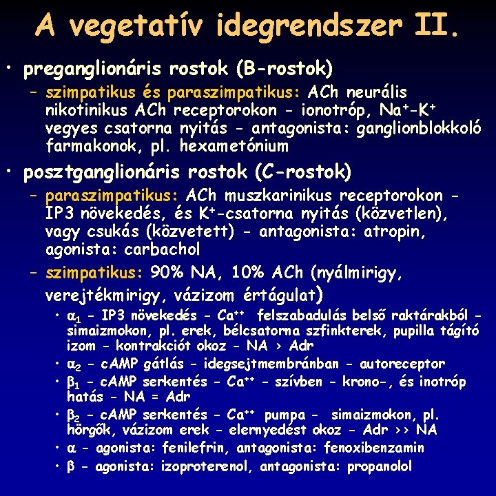 A vegetatív idegrendszer II. • preganglionáris rostok (B-rostok) – szimpatikus és paraszimpatikus: ACh neurális