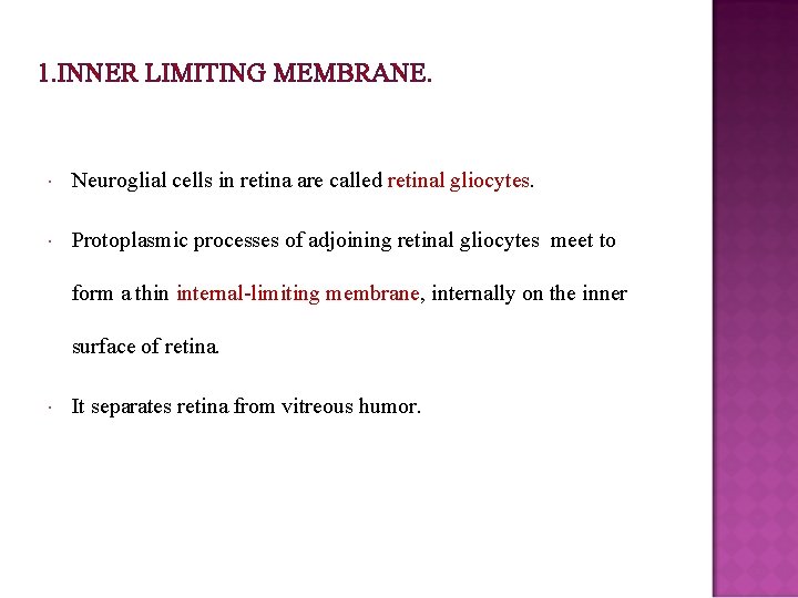 1. INNER LIMITING MEMBRANE. Neuroglial cells in retina are called retinal gliocytes. Protoplasmic processes