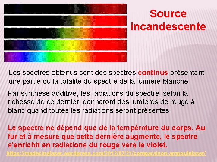 Source incandescente Les spectres obtenus sont des spectres continus présentant une partie ou la