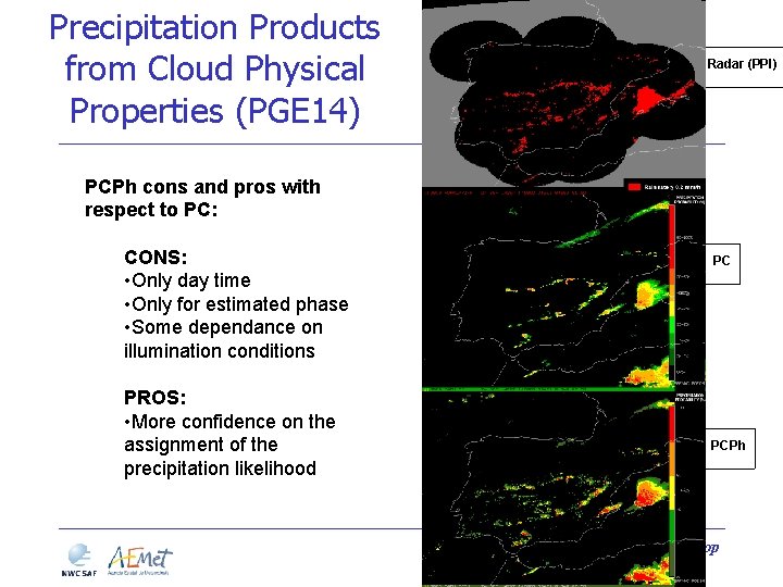 Precipitation Products from Cloud Physical Properties (PGE 14) Radar (PPI) PCPh cons and pros Precipitation Products from Cloud Physical Properties (PGE 14) Radar (PPI) PCPh cons and pros