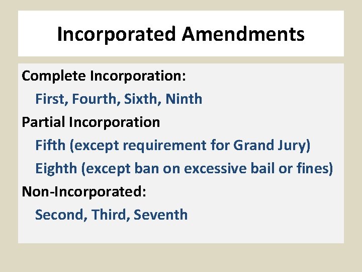 Incorporated Amendments Complete Incorporation: First, Fourth, Sixth, Ninth Partial Incorporation Fifth (except requirement for
