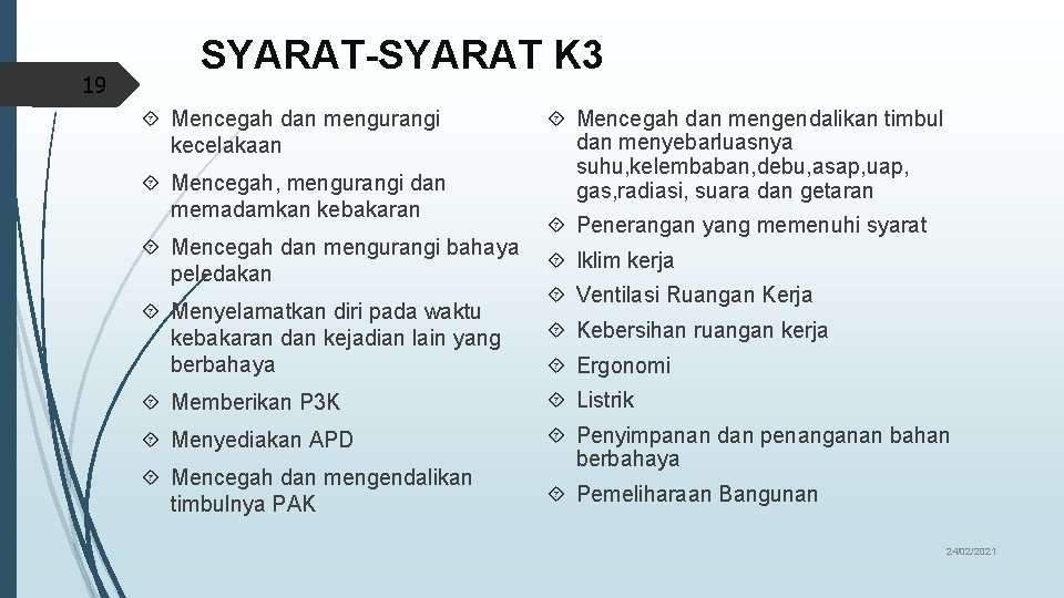 19 SYARAT-SYARAT K 3 Mencegah dan mengurangi kecelakaan Mencegah, mengurangi dan memadamkan kebakaran Mencegah