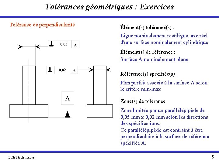 Tolérances géométriques : Exercices Tolérance de perpendicularité Élément(s) tolérancé(s) : Ligne nominalement rectiligne, axe