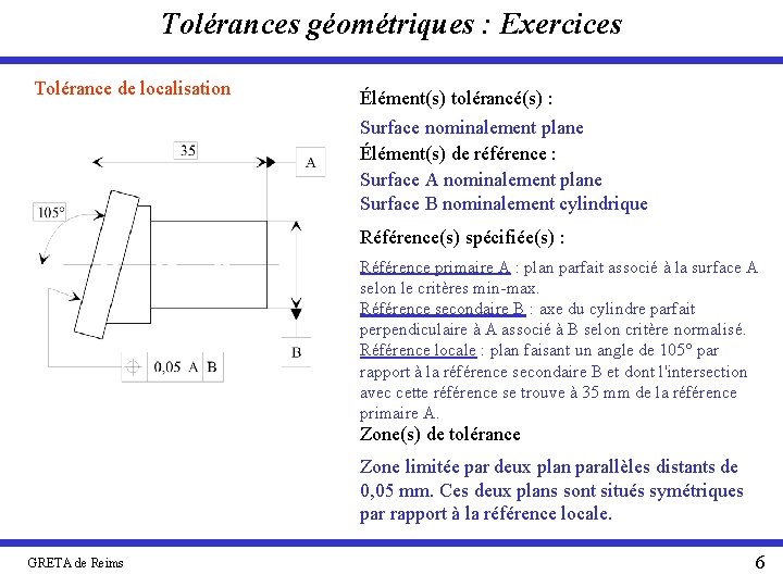 Tolérances géométriques : Exercices Tolérance de localisation Élément(s) tolérancé(s) : Surface nominalement plane Élément(s)